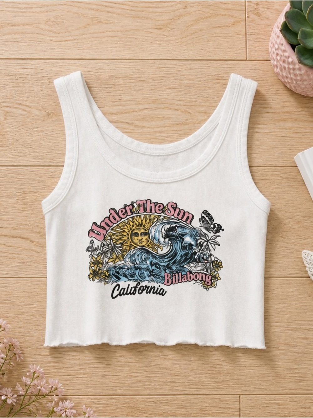 Y2K Billabong “Under The Sun” Graphic‎ Crop Tank Top White Retro Surf Tee Medium